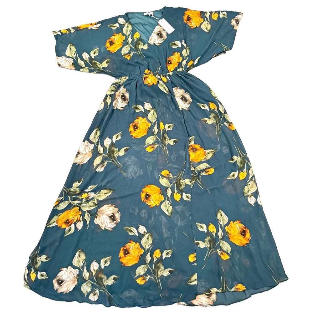 BALTIC BORN Kia Kimono Maxi Dress L Deep Topaz Floral V-Neck Formal Guest NWT